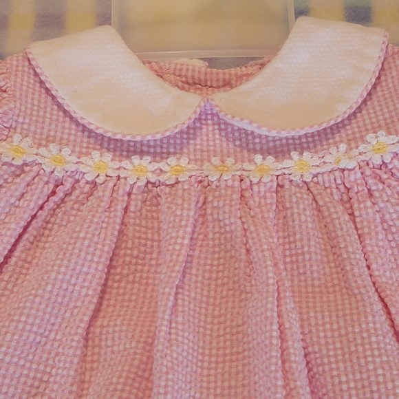 BRIGHT FUTURE ♡ Vintage 2pc Pink|White Daisy Floral Seersucker Dress Outfit 0-3M - Picture 6 of 15